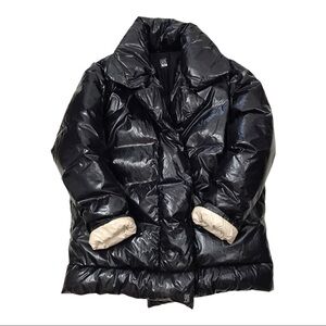 Bacon Women Small Black Shiny Pocketed Zippered Hooded Down Puffer Jacket